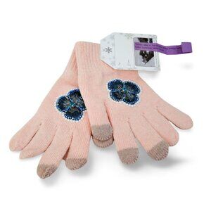 Lt. Pink Floral Embroidered Touchscreen Crystal & Pearl Knit Gloves TT1519
